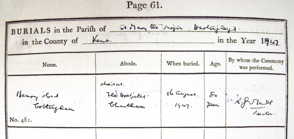 Burial entry from a Church of England Parish Register